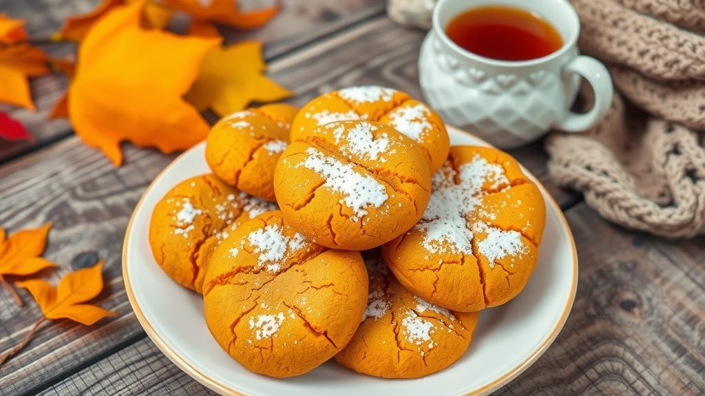 Soft Pumpkin Cookies with Ginger and Cloves Soft pumpkin cookies on a plate with powdered sugar, alongside a cup of tea and autumn leaves.